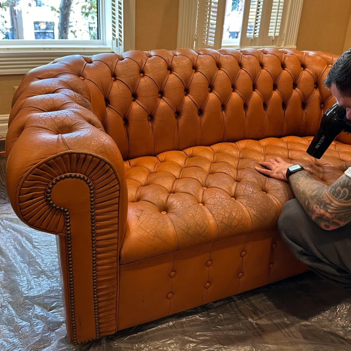 Chesterfield leather sofa restoration — before
