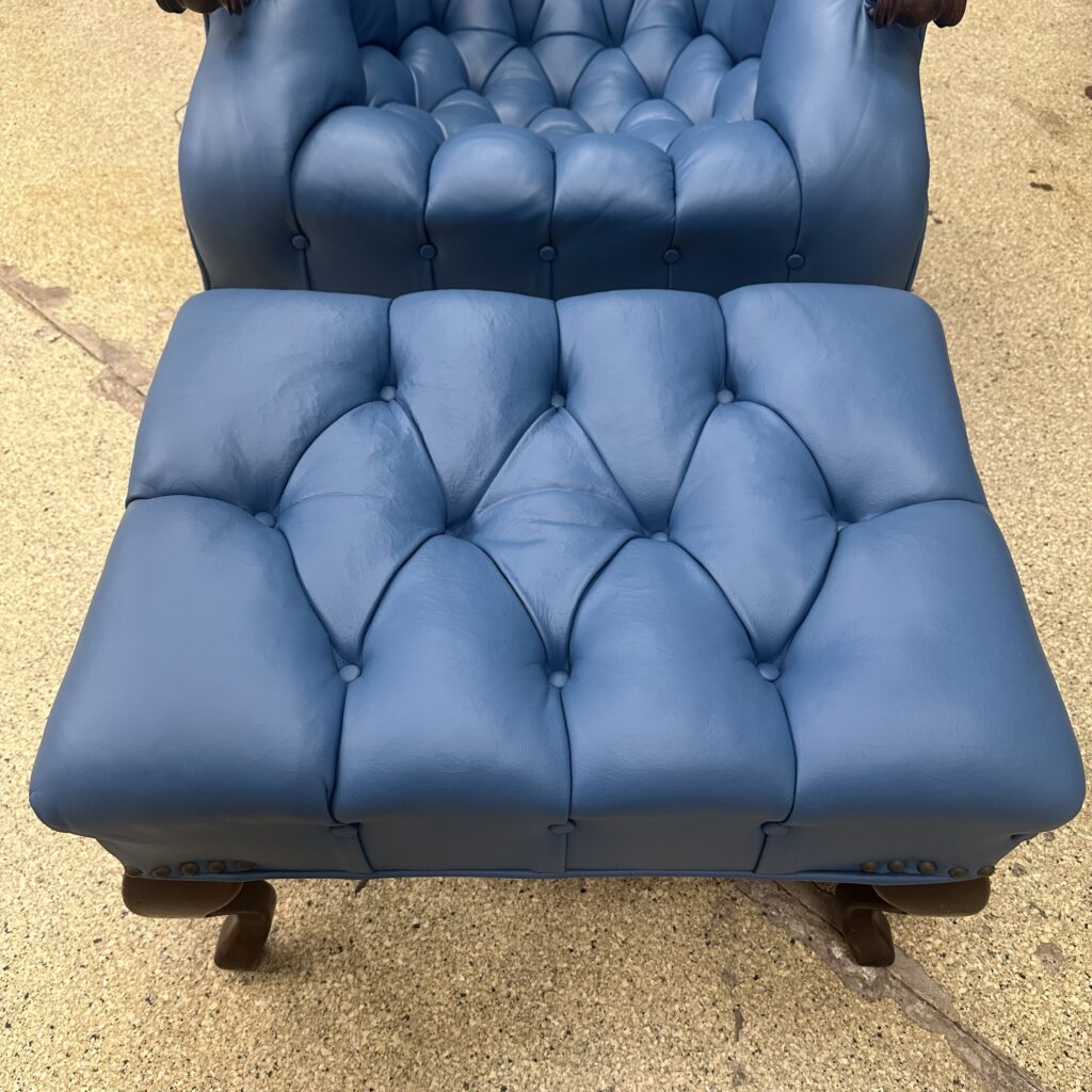 Antique tufted leather armchair and ottoman set: cracked leather restored (after)