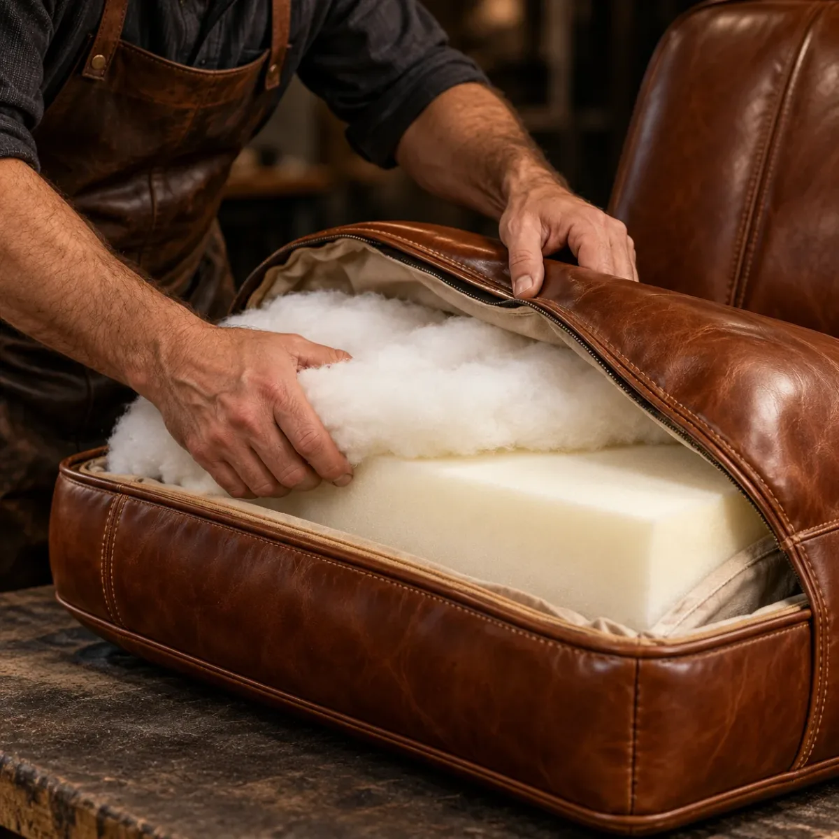 New foam and filling in a leather cushion