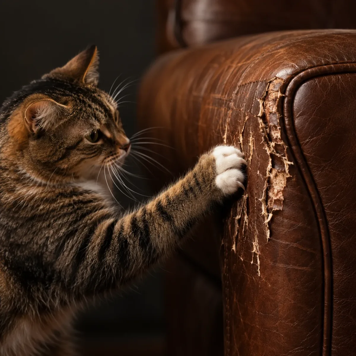 Cat scratching a leather armchair