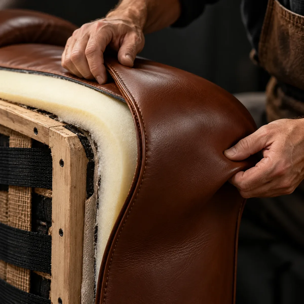 New leather cover being fitted over a seat