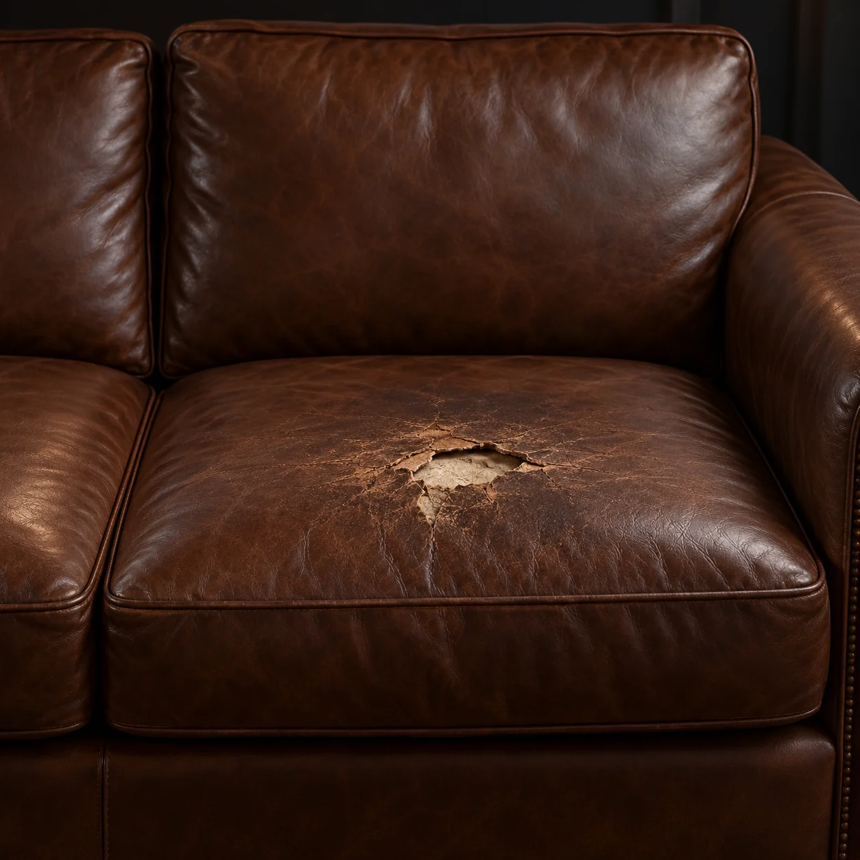 Torn leather sofa seat cushion